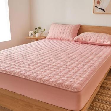 Imagem de ZIQINPSQ Lençol Gingham Casal, 45,7 cm, Bolso Profundo, Respirável, Acolchoado, Sem Bolinhas, Resistente a Rugas, Capa de Colchão para Todas as Estações com Pillowease, Rosa Claro