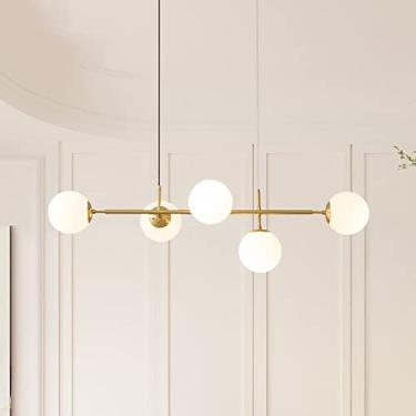Imagem de Lustre moderno de latão de meados do século com globos de vidro para cozinha, luminária pendente de teto em latão escovado, 43 x 16 polegadas, lustre pendente com 6 luzes