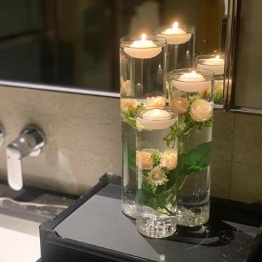 Imagem de Kit de enchimento de vaso de plástico de flor rosa champanhe artificial com velas flutuantes e cubos de gelo falsos para mesa de centro de mesa, casamento ou festa na piscina, cozinha, banheiro, bar