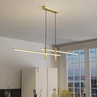 Imagem de Iluminação pendente LED regulável moderna para ilha de cozinha, luminária pendente decorativa LED linear para casa com holofotes, luminária pendente ajustável para mesa de jantar (dourado, 1