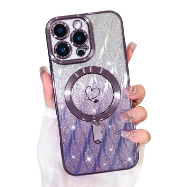 Imagem de Bonoma Capa com glitter para iPhone 16 Pro Max [compatível com MagSafe], capa brilhante com estampa de folhas magnéticas de coração de amor, proteção de câmera, capa traseira macia e brilhante para