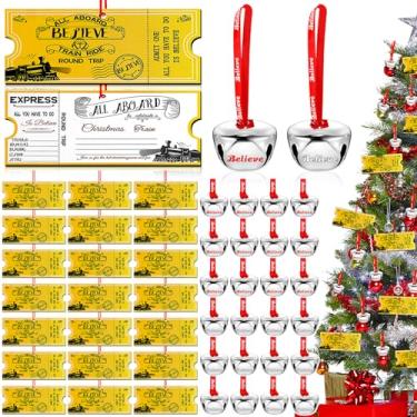 Imagem de 24 peças de enfeites de Natal Polar Express Golden Tickets and Believe Bells Bulk, Bilhetes de trem do Pólo Norte Sino Polar Express Decorações de Natal Believe Hanging Holiday Party Gifts Favors