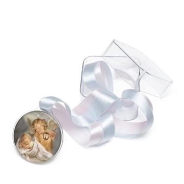 Imagem de Medalha de Berço do Anjo da Guarda, Acrílico Resinado com Strass, 7,5 cm, Rosa e Azul, com Oração e Caixa Acrílica 9x9x7,5 cm