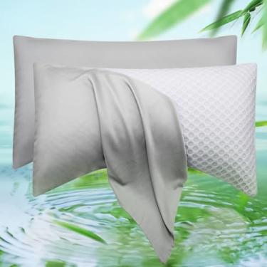 Imagem de Conjunto de 2 fronhas curvadas refrescantes tamanho Queen - Rayon derivado de capa de travesseiro lateral de bambu - Fronha macia e sedosa respirável para cabelos e pele com sono quente, 50 x 76 cm