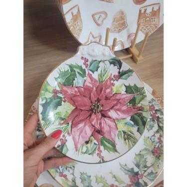 Imagem de Prato Sobremesa de Cerãmica Guirlanda Com Filete Dourado Natal - Scall