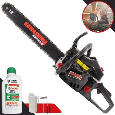 Imagem de Motosserra Profissional Kawashima KCS 580E À Gasolina 2T 54cc Sabre 18 Polegadas Com Sistema Antivibração e Carcaça de Alumínio + ÓLEO STIHL 2T