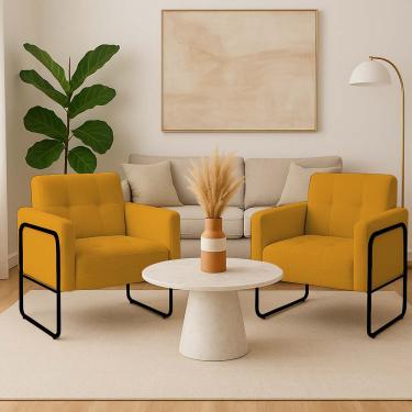 Imagem de Poltrona Sala Industrial Alta Tubo Preto kit 2 Elisa Bouclê Mostarda D03 - D'Rossi