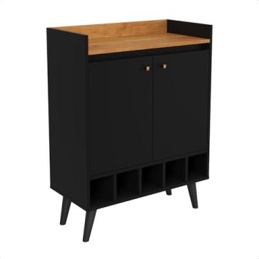 Imagem de Aparador Mini Buffet, 2 Portas, MDF, preto com Cedro, 89,5 x 67,8 x 33 cm, com Adega (OFF-CEDRO)