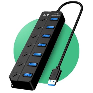Imagem de Hub USB 3.0 com 7 Portas Alta Velocidade | 5Gbps Botões Individuais com LED Compatível com PC Notebook TV Console Pendrive Impressora Mouse Teclado | Acabamento de Qualidade