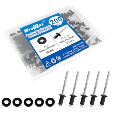 Imagem de 200 peças de rebites pop pretos de 3/40.6 cm x 3/20.3 cm com kit sortido de arruela, rebites cegos de alumínio de 4,8 x 10 mm, arruelas de aço inoxidável, cabo de alumínio e mandril de aço, para metal