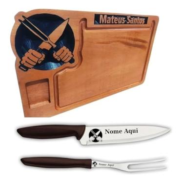 Imagem de Tábua De Cortar Personalizada Com Kit Personalizado, Nome Logo Símbolo Iniciais Etc, Kit Churrasco, Madeira Nobre 40x24x2,5cm, Presente Único e Personalizado