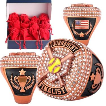Imagem de TOPSPORTSJEWELRY Pacote com 12 peças de anel de troféu de softbol Homeplate Championship para equipes de torneios e palyers, tamanho 9,5 ouro, prata e bronze (12 peças de anéis finalistas de bronze)