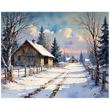 Imagem de Kit de pintura de paisagem de inverno por números para adultos – Caminho de cabine de neve DIY com cerca e pintura de floresta em tela 40,6 x 50,8 cm, conjunto de tinta acrílica para iniciantes, arte