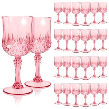Imagem de EVSGSONL Pacote com 24 taças de vinho de plástico rosa, taças de plástico vintage para festas, taças de água de cristal rosa reutilizáveis para recepção de casamento, suprimentos de festa para grandes
