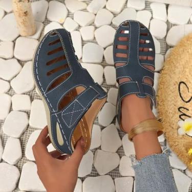 Imagem de Sandálias de praia femininas plus size com detalhes metálicos – salto plataforma com tira única, chinelos deslizantes de sola grossa para uso casual, Azul, 34