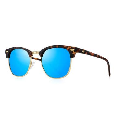 Imagem de Óculos de sol polarizados sem aro para homens e mulheres, óculos de sol clássicos de meia armação para dirigir, Armação de leopardo fosco/ponte dourada/lente espelhada azul, Lens Width: 51 Millimeters