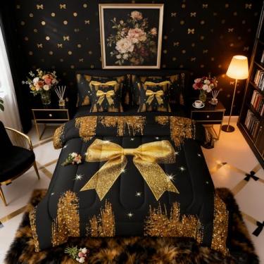 Imagem de Conjunto de edredom de 7 peças com laço dourado em uma bolsa, conjunto de cama de casal com nó de laço, céu estrelado, princesa sonhadora, conjunto de lençol com laço e lençol, feminino, aquarela