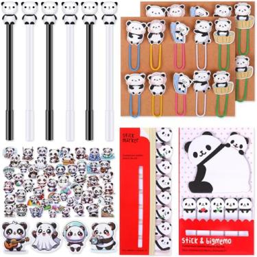Imagem de Chivao Conjunto de 78 canetas de panda fofas de animais, canetas de tinta gel, clipe de papel, marcadores de livro, notas adesivas, à prova d'água, adesivos de panda para lembrancinhas de festa de
