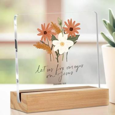 Imagem de Placa de acrílico cristã floral com suporte de madeira, presentes cristãos para mulheres, decorações de mesa motivacionais, presentes inspiradores para mulheres, amigas, colegas de trabalho, hebreus