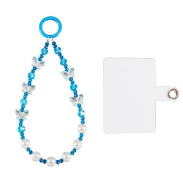 Imagem de Pulseira feminina com contas e berloques de borboleta, antiqueda, com folha de plástico, pingentes de telefone destacáveis estéticos para todos os smartphones, decoração de chaveiro, bolsa, azul céu