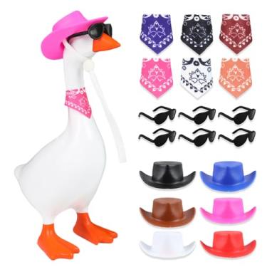Imagem de LuneClat Mini roupas de ganso de mesa – 18 peças de roupa de ganso de varanda com chapéu de caubói, cachecol e óculos para decoração de fantasia de 17 cm, porta-chaves de pato de mesa