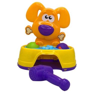 Imagem de Bate Dog Brinquedo Educativo com 2 Bolinhas e Martelo, Plástico Polipropileno, Amarelo e Roxo, 22x23x12cm, para Crianças Acima de 12 Meses, Desenvolvimento Motor