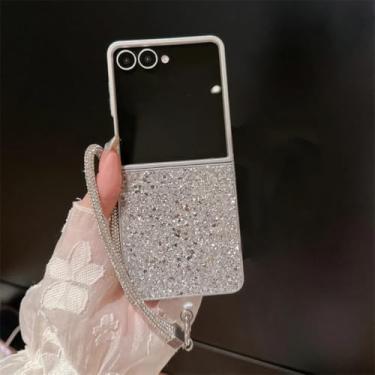 Imagem de Capa para Galaxy Z Flip6 com borla de diamante e suporte magnético em forma de coração com corrente (para Galaxy Z Flip6/capa com corrente)