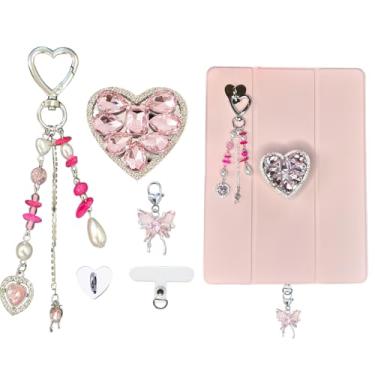 Imagem de CuddleJunk Conjunto de pingentes fofos para Kindle, incluindo suporte de coração estilo Y2k, pingente de coração rosa, chaveiros de corrente para acessórios de telefone E-Reader (diamante)