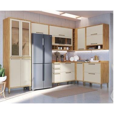 Imagem de Cozinha Modulada De Canto 8 Peças 14 Portas E Vidro Reflecta 321cm 100% Mdf Vicenza Espresso Móveis Amêndoa-off White