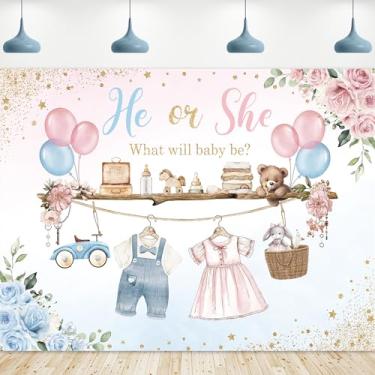 Imagem de Riyidecor Pano de fundo revelador de gênero tecido de poliéster ele ou ela rosa azul chá de bebê aquarela flor balão floral 20x16A pés What Will Baby Be Fotografia Fundo Recém-nascido Foto Studio