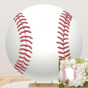 Imagem de TTQYFNM 2,3 x 2,3 m capa de fundo redonda de beisebol poliéster vermelho branco beisebol fotografia de fundo para recém-nascidos, revelação de gênero, meninos, crianças, decoração de festa de
