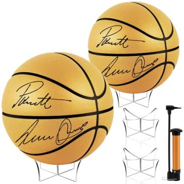 Imagem de Hiboom 2 peças de basquete autografado branco com suporte de bola de acrílico para autografar 2 painéis em branco assinatura oficial para presente de treinador de faculdade do ensino médio (ouro
