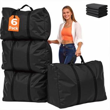 Imagem de Pacote com 6 sacos de armazenamento extra grandes leves com alças de laço completo e zíper, roupas/edredom/roupa de cama sacos grandes para transporte | Bolsa grande dobrável que economiza espaço para