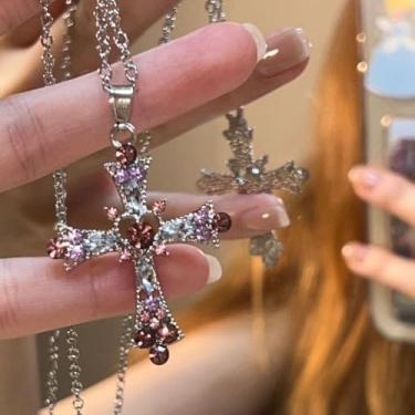 Imagem de Presentes femininos cristal diamante gótico colar colar cruz colar coração amor Y2K (branco)