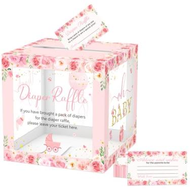 Imagem de QISOLIY 50 peças rosa floral sorteio de fraldas bilhetes com caixa de chá de bebê convites de jogo sorteio de fraldas caixa de cartões para meninas chá de bebê revelação de gênero suprimentos de festa