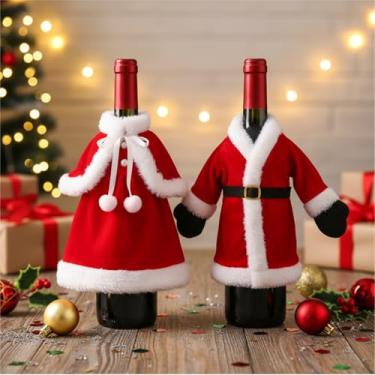 Imagem de Capa de garrafa de vinho com vestido de Papai Noel: 2 peças de decoração de garrafa de vinho de Natal vermelho para decoração de mesa de jantar de festa de Natal de ano novo