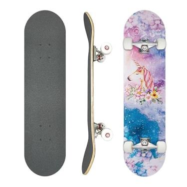 Imagem de Skate profissional de chute duplo, deck de bordo de 78,7 cm, rolamentos ABEC-9, rodas de poliuretano 95A, design gráfico personalizado (unicórnio, 78,7 cm)