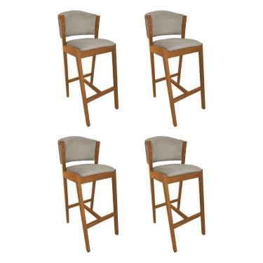 Imagem de Kit 4 Banquetas Alta De Madeira Maciça Cerejeira Premium Ana Com Encosto Linho Bege - Cor: Bege