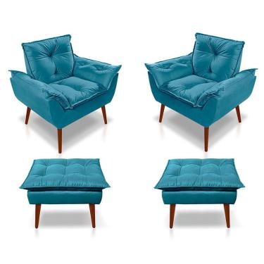Imagem de Kit C/02 Poltronas Opala + 02 Puffs Opala Elegante Suede Azul Tiffany