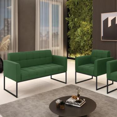 Imagem de Kit 1 Sofá Namoradeira e 1 Poltrona Elisa Suede Verde Base Metálica In