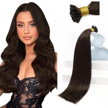 Imagem de Extensões de cabelo castanho de ponta plana e ensolarada, extensões de cabelo humano Remy, extensões de ponta plana Hot Fusion cabelo brasileiro mais escuro, extensões de cabelo liso de queratina 35,5 cm 50 g/pacote
