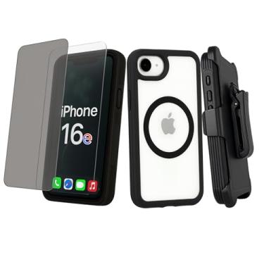 Imagem de VOICEPING Capa para iPhone 16e com clipe de cinto, compatível com MagSafe, capa à prova de choque de grau militar com suporte, aderência fina, suporte de cordão, 1 pacote (1 película transparente + 1