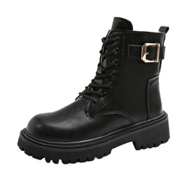 Imagem de Botas femininas de cano curto com cadarço e zíper lateral para uso casual de inverno em lazer ao ar livre, Preto, 36