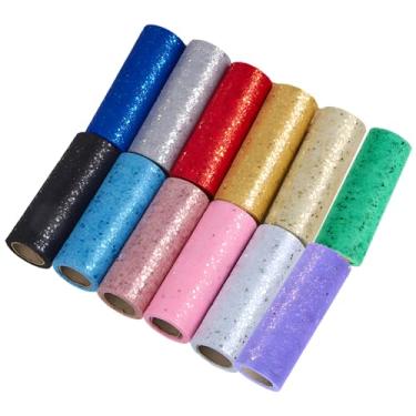 Imagem de 12 rolos de tule com glitter, tecido de lantejoulas arco-íris de 15 cm x 10 metros para artesanato, festas e decorações de casamento