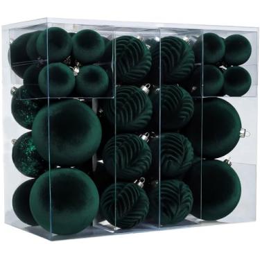 Imagem de Conjunto de 53 peças de enfeites de Natal de veludo, bolas de Natal verde-escuras, com decoração de sinos de Natal e enfeites de papel, conjunto de decorações de árvore de Natal penduradas à prova de