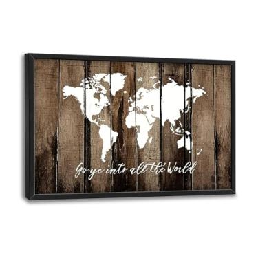 Imagem de Flintis Grande mapa do mundo arte de parede Go Ye Into All The World Pictures decoração de parede pintura abstrata em tela impressão decoração emoldurada para sala de estar banheiro quarto principal