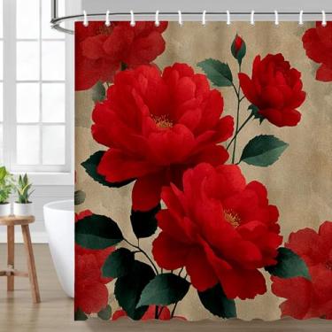 Imagem de ubcindy Cortina de chuveiro rosa vermelha florescendo dia dos namorados, flor vermelha bege presente de amor cortina de chuveiro com 12 ganchos, cortina de banho para decoração de banheiro, tecido