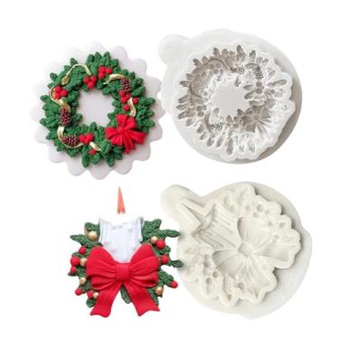 Imagem de Molde de silicone de Natal de inverno 3D folhas de azevinho moldes de silicone caseiro bonito molde de chocolate com laço design de pinha moldes de guirlanda festiva para biscoitos, decoração de bolo