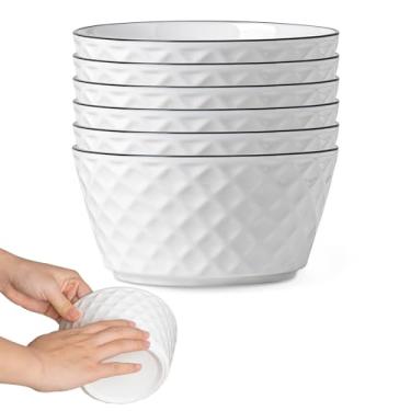 Imagem de Yeacccng Conjunto de 6 tigelas de cereais de cerâmica de 850 g, resistentes a arranhões, sem chumbo, tigelas de cereais brancas de 15 cm para aveia, salada, macarrão, sopa, lanches de sobremesa