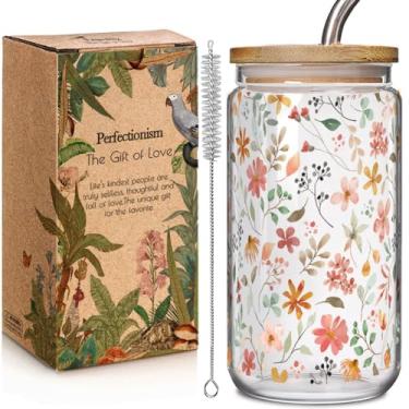 Imagem de Copos de vidro gelado florais com tampas e canudos de bambu 473 ml Copo de café de flores silvestres presente para mulheres copo de bebida de flor fofa com escovas de limpeza, presentes de flores para